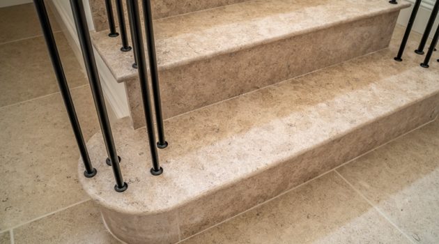 La Roche limestone brushed and honed staircase showing bottom curved blocks and step 2 ws