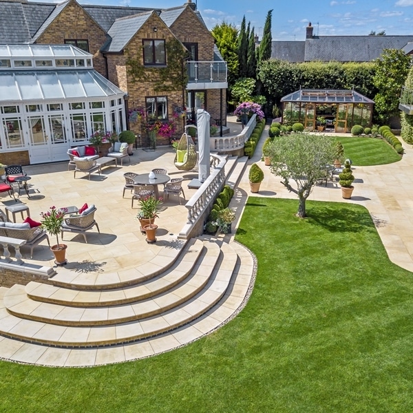 Yellow Mint sandstone curved steps and shaped paving