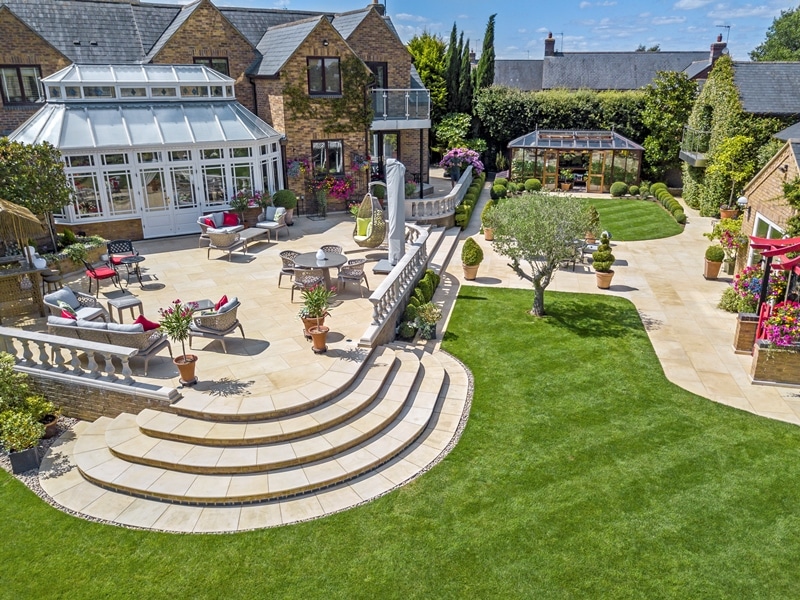 Yellow Mint sandstone curved steps and shaped paving