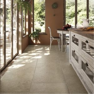 Clermont Beige Porcelain Flooring with warm neutral tones and antiqued chipped edge finish