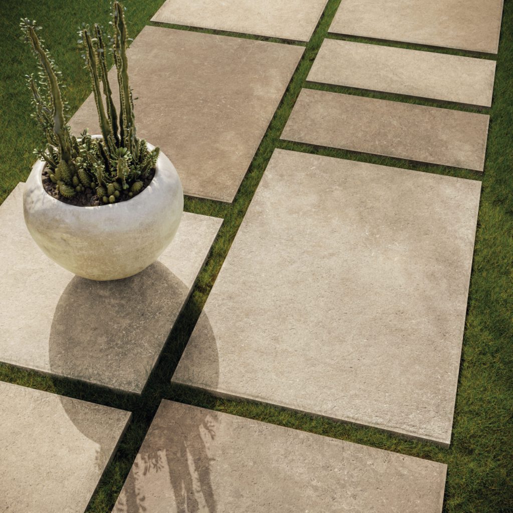 Clermont Melange de Nuit Porcelain Paving with natural stone effect tonal variation and antiqued chipped edges