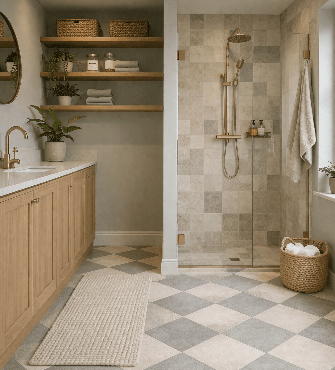 La Roche Pearl & Luna Chequer Board Flooring – Shower