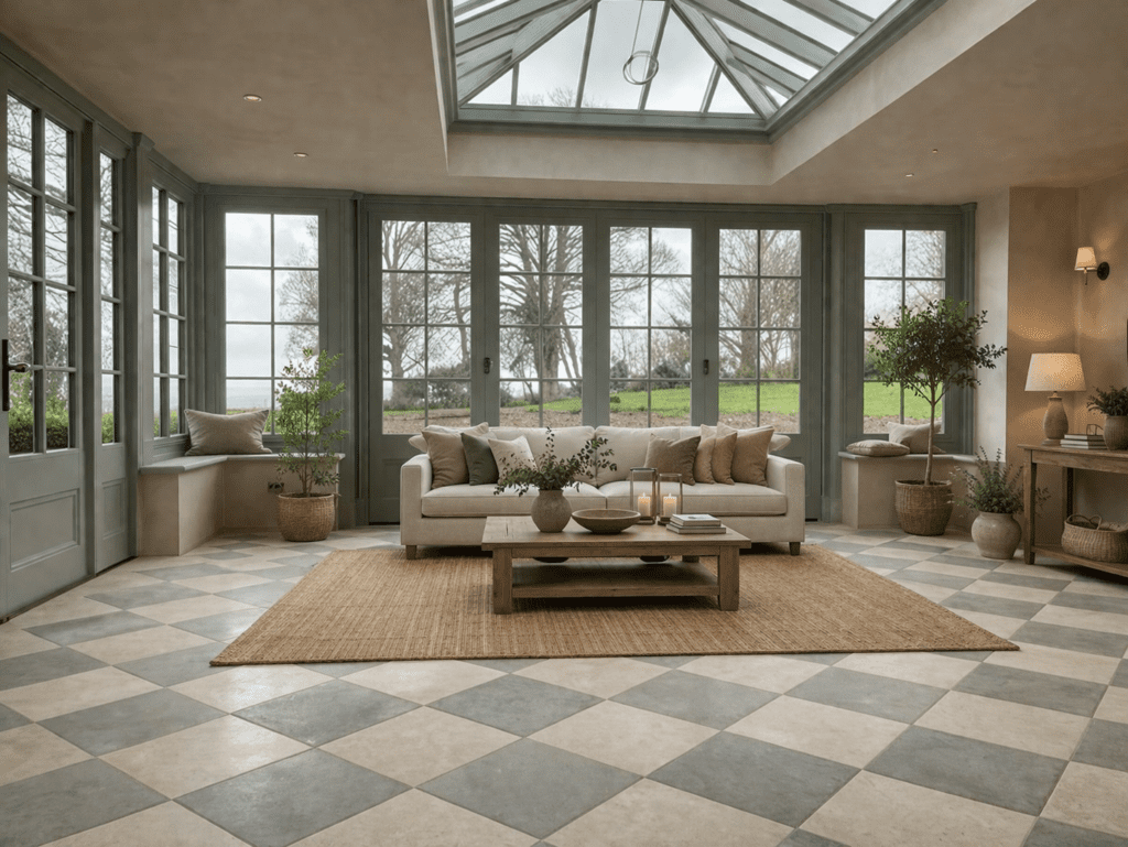 La Roche Pearl & Luna Chequer Board interior flooring installation by Stoneworld Oxfordshire
