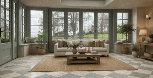 La Roche Pearl & Luna Chequer Board interior flooring installation by Stoneworld Oxfordshire