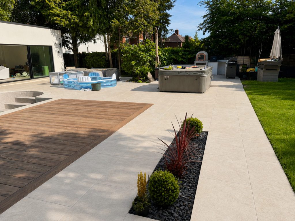 Eshott White porcelain paving laid around a garden terrace with a hot tub