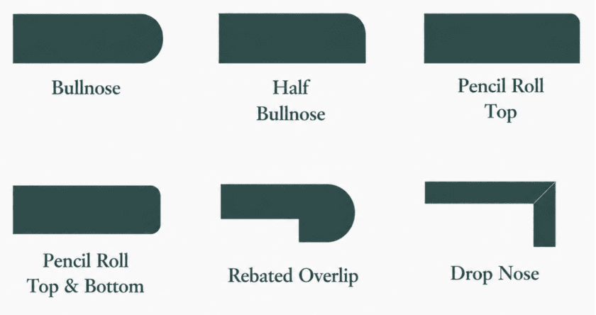Diagram of six pool coping edge profiles: bullnose, half bullnose, pencil roll top, pencil roll top and bottom, rebated overlip and drop nose